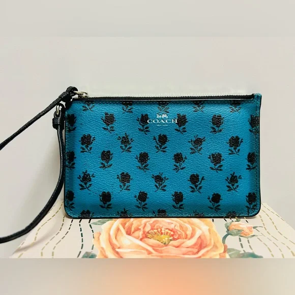 🍁Coach Teal and Black Floral Wristlet EUC - Picture 1 of 5